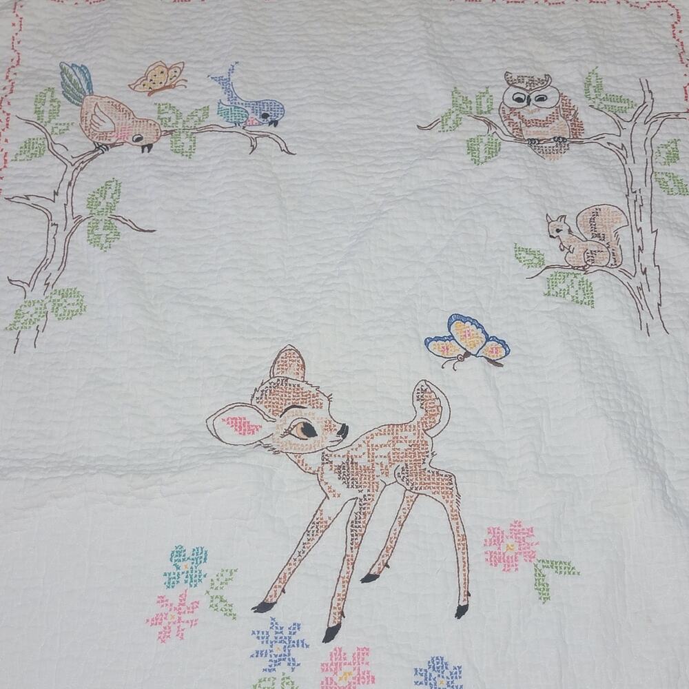VINTAGE 1970's Disney Bambi Needle Point Throw 34" X 54" - Picture 2 of 5